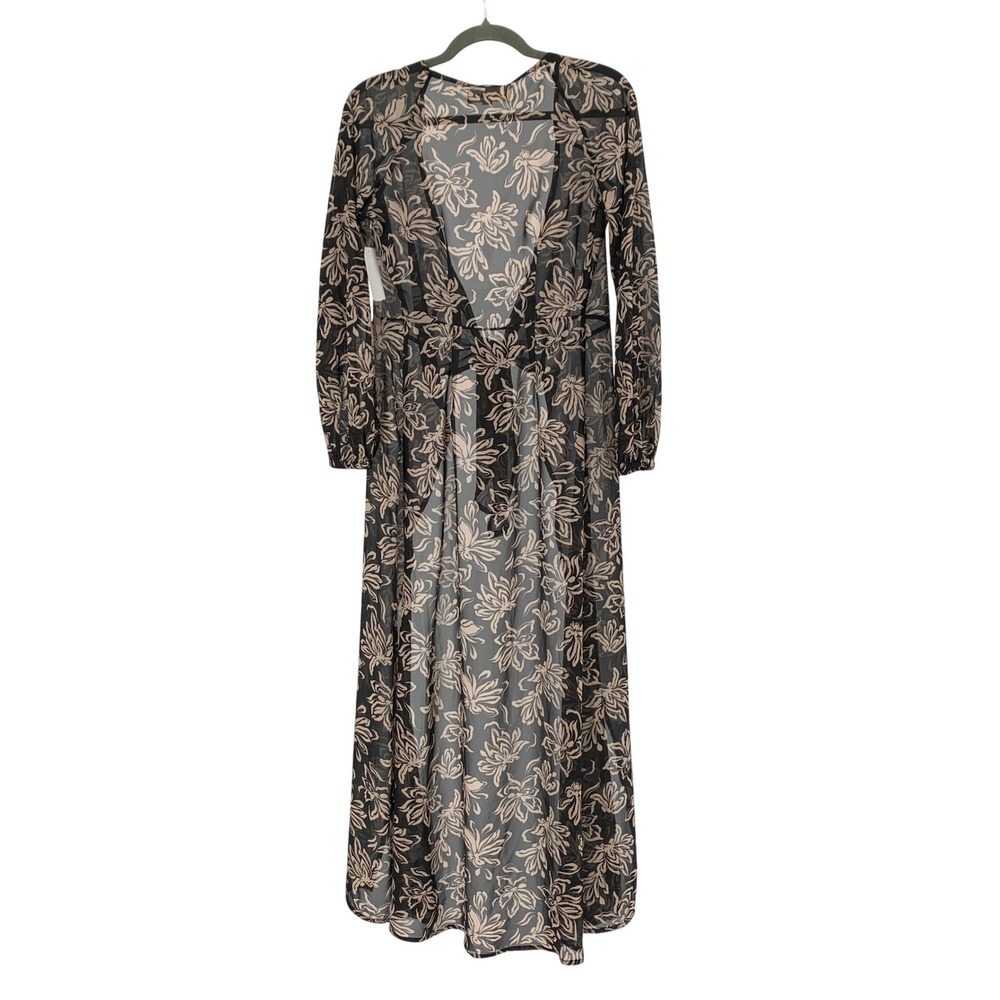 L*Space Womens XS Black Tan Floral Sheer Maxi Duster Cardigan Tie Front Cover Up